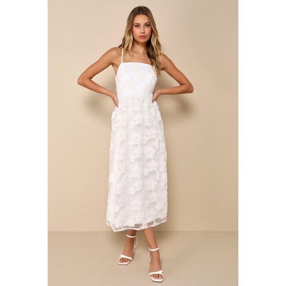 Lulus Delightful Charisma White Embroidered Sequin Mesh Midi Dress